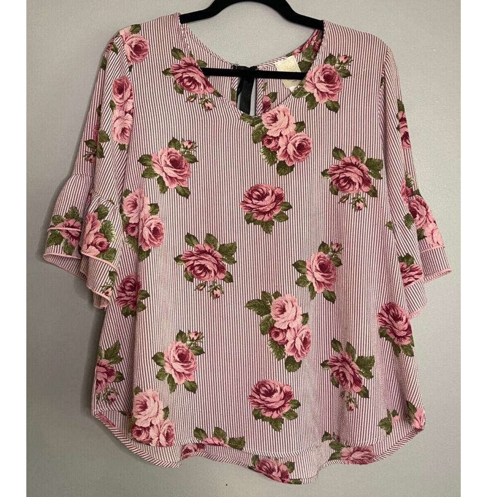 Lodys Large Blouse Stripped Floral Ruffle Sleeve Keyhole Bow Tie Back Round Hem